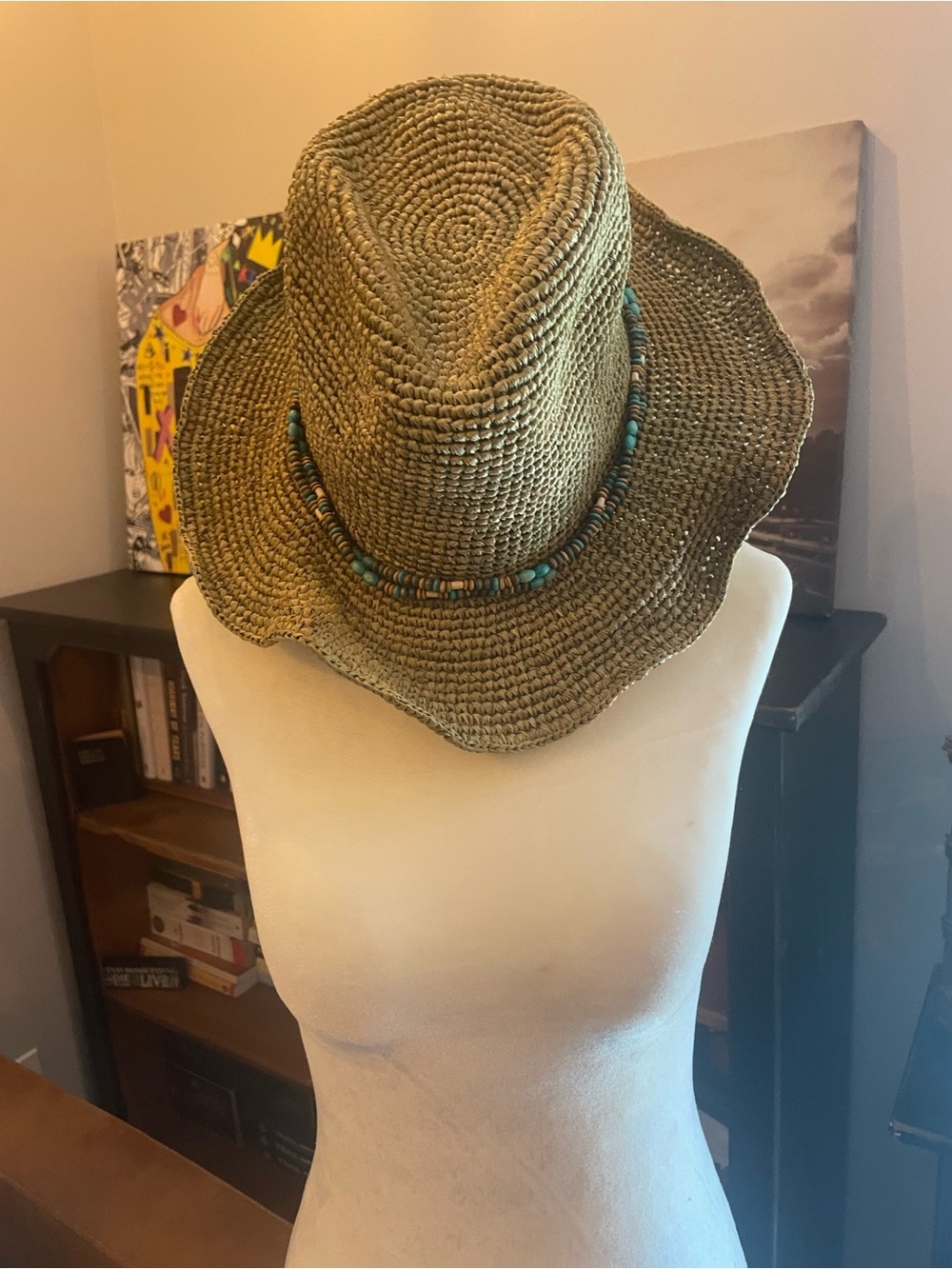 SPF 50+ Woven Straw Sun Hat with Turquoise Bead Band - Natural